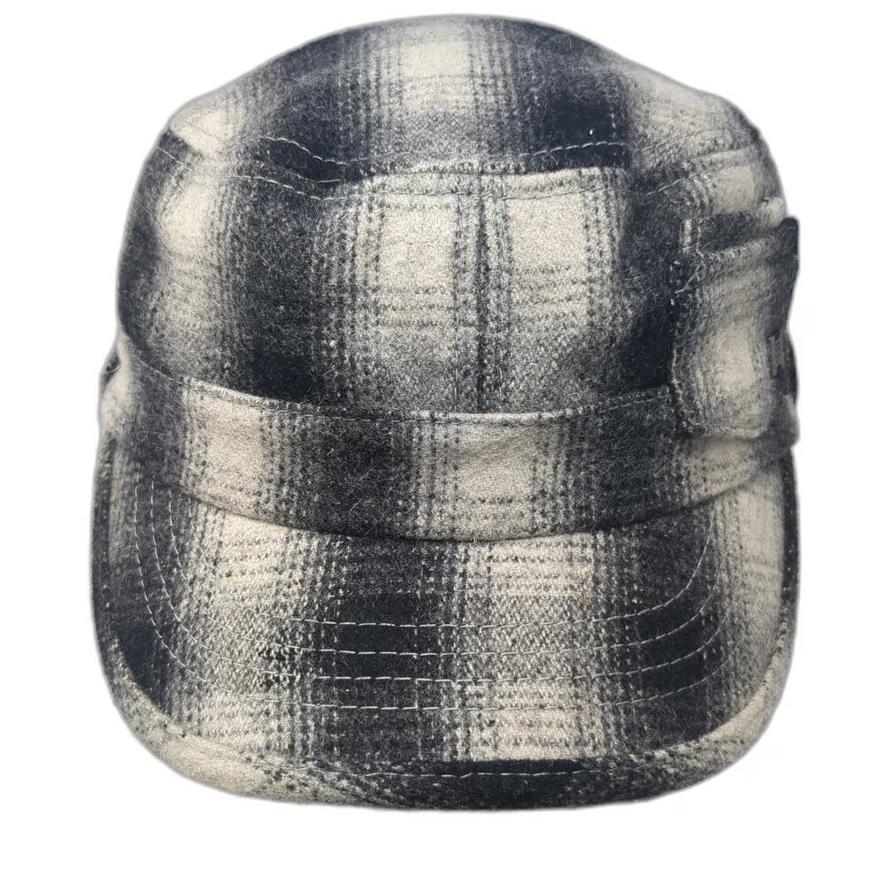 Roxy Army Cap Gray Black White One Size Plaid Adjustable Buckle Logo Fabric Hat